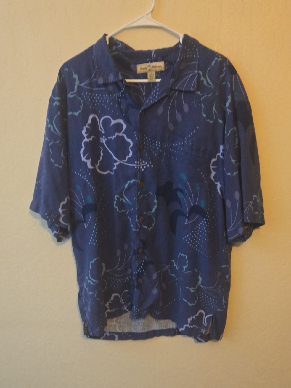 Tommy Bahama Navy Blue Silk Shirt with Light Blue Dot Print